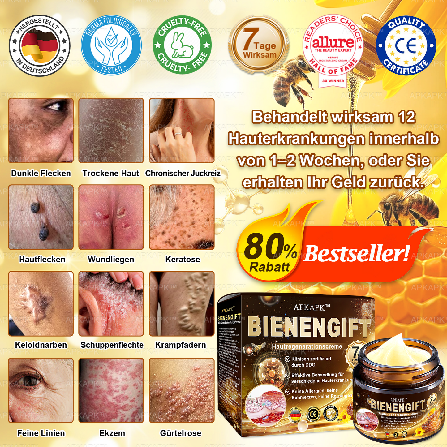 Nur 5 Flaschen! Sichern Sie sich jetzt 50% Rabatt! Verleihen Sie Ihrer Haut in 1 bis 4 Wochen jugendliche Frische. Dieses Angebot kommt erst nächstes Jahr zurück. Schnell zugreifen! 180 Tage Geld-zurück-Garantie!